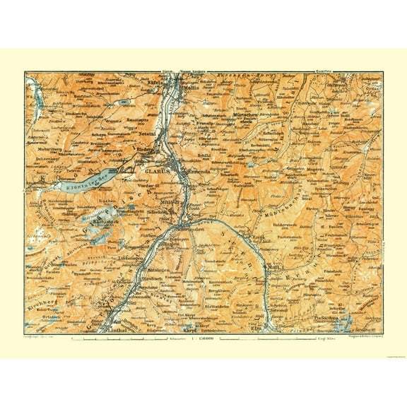Historic Map - Glarus Canton Switzerland - Baedeker 1921 - 30.16 x 23 - Vintage Wall Art