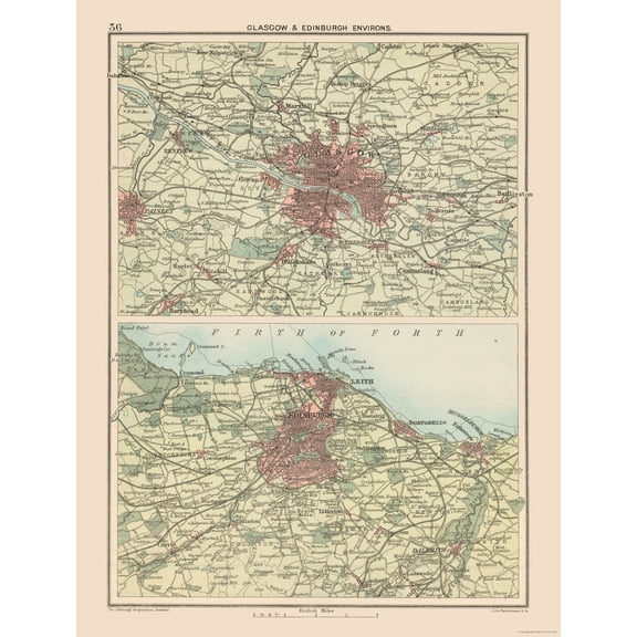 Historic Map - Glasgow Edinburgh Scotland - Bartholomew 1892 - 23 x 30.18 - Vintage Wall Art