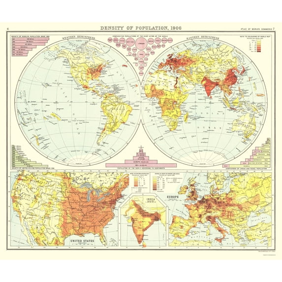 Historic Map - Global Population Density - Bartholomew 1906 - Vintage Wall Art