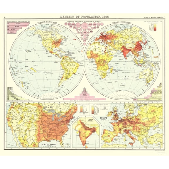 Historic Map - Global Population Density - Bartholomew 1906 - 23 x 27.25 - Vintage Wall Art