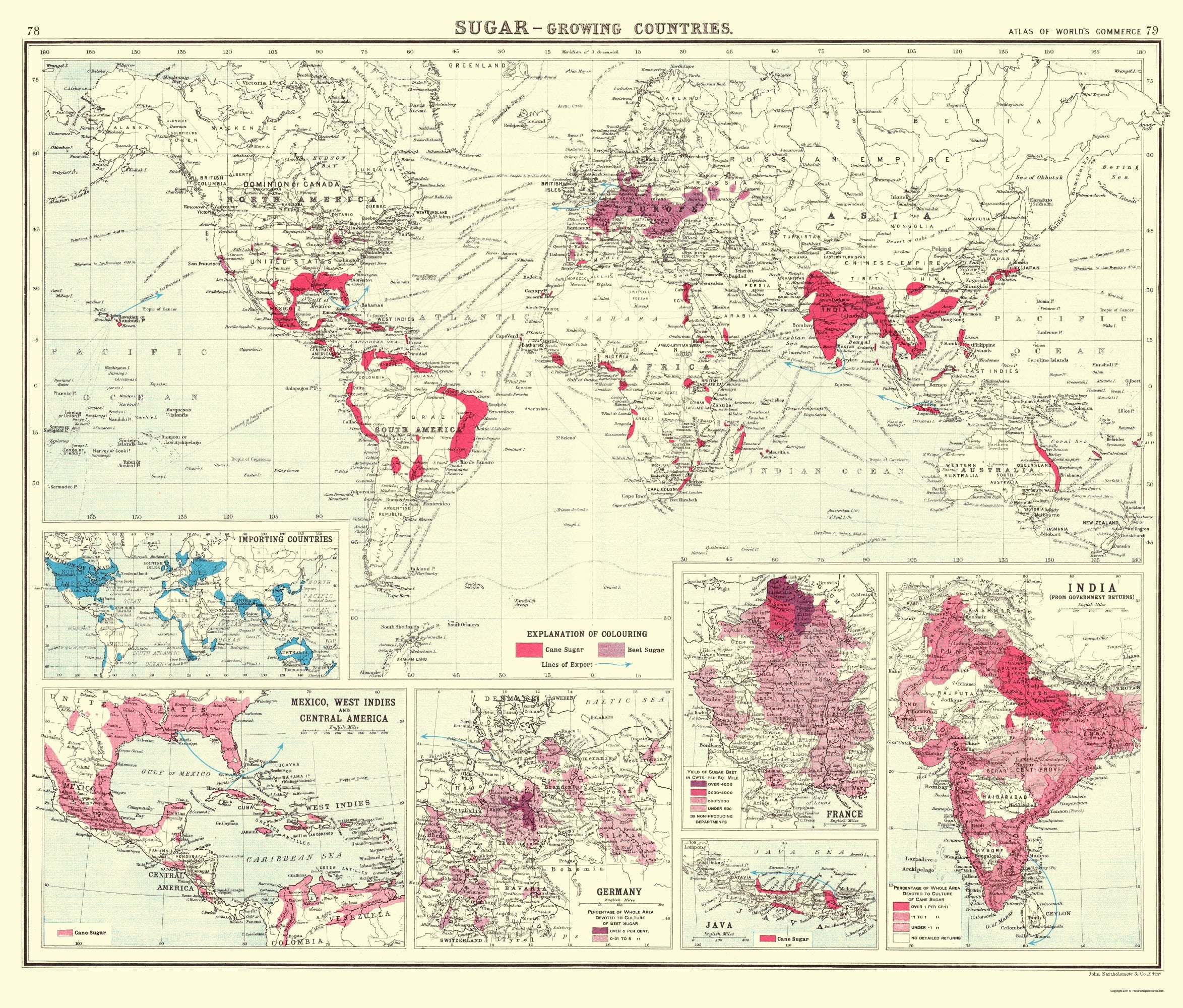 Historic Map - Global Sugar Growing Countries - Bartholomew 1907 - 23 x ...