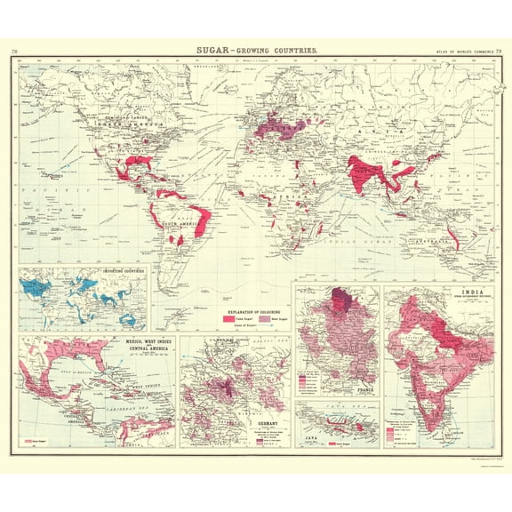 Historic Map - Global Sugar Growing Countries - Bartholomew 1907 - Vintage Wall Art