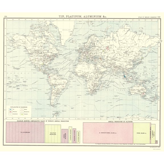 Historic Map - Global Tin Platinum Aluminium - Bartholomew 1907 - 23 x 27 - Vintage Wall Art
