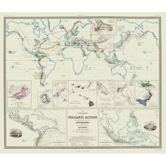 Historic Map - Global Volcanic Action Earthquakes - Johnston 1854 - Vintage Wall Art