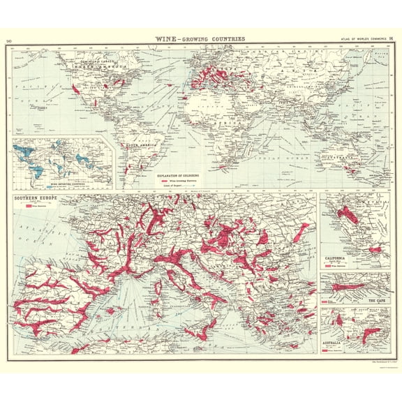 Historic Map - Global Wine Growing Countries - Bartholomew 1907 - Vintage Wall Art