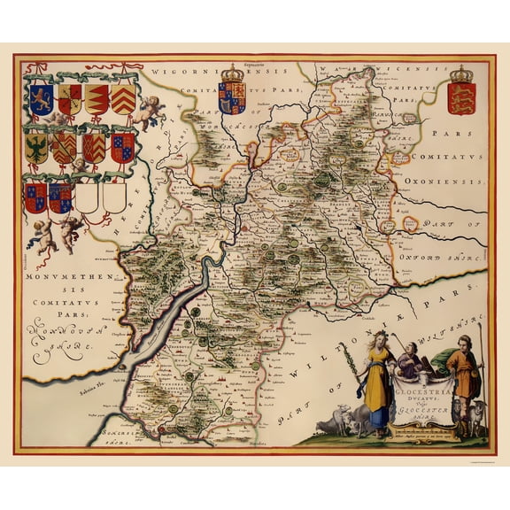 Historic Map - Glocestershire County England - Jansson 1646 - Vintage Wall Art