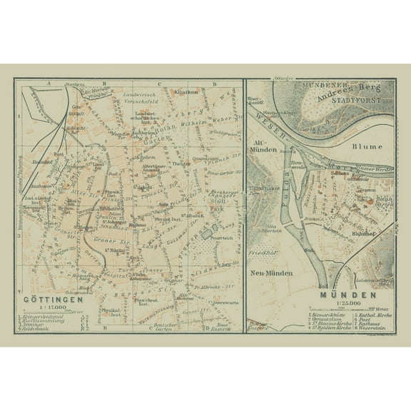 Historic Map - Gottingen Munden Germany - Baedeker 1914 - 33.36 x 23 - Vintage Wall Art