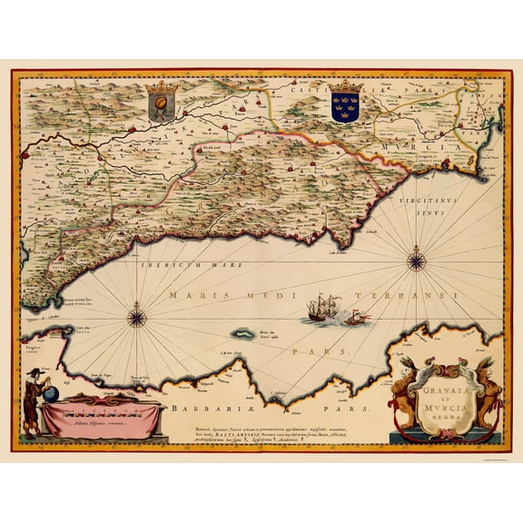 Historic Map - Granada Murcia Spain - Blaeu 1635 - Vintage Wall Art