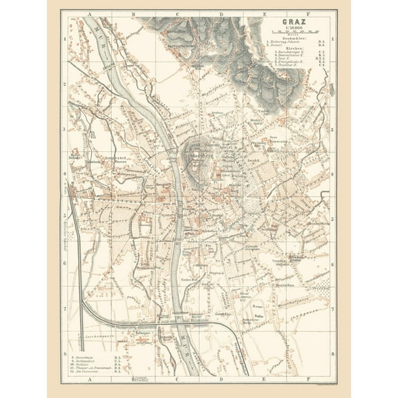 Historic Map - Graz Austria - Baedeker 1896 - 23 x 30.10 - Vintage Wall Art