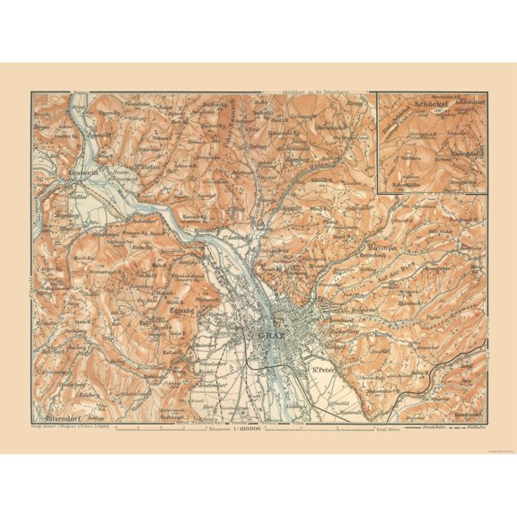 Historic Map - Graz Austria - Baedeker 1910 - 30.37 x 23 - Vintage Wall Art