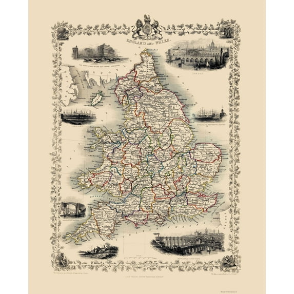 Historic Map - Great Britain England Wales - Tallis 1851 - 23 x 28.45 - Vintage Wall Art