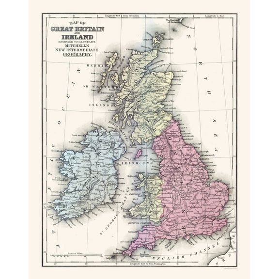 Historic Map - Great Britain Ireland - Mitchell 1877 - 23 x 28.95 - Vintage Wall Art