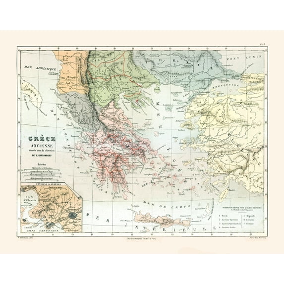 Historic Map - Greece Ancient - Cortambert 1880 - Vintage Wall Art