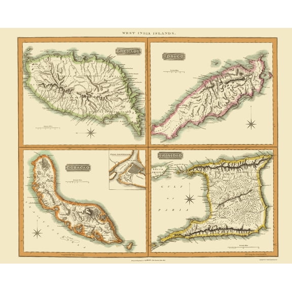Historic Map - Grenada Tobago Curacao Trinidad - Thomson 1816 - Vintage Wall Art