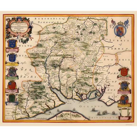 Historic Map - Hampshire County England - Blaeu 1646 - Vintage Wall Art