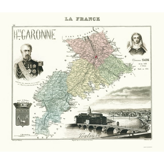 Historic Map - Haute Garonne Department France - Migeon 1869 - Vintage Wall Art