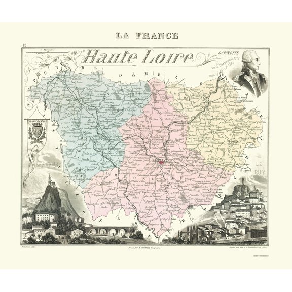 Historic Map - Haute Loire Department France - Migeon 1869 - 23 x 27.16 - Vintage Wall Art