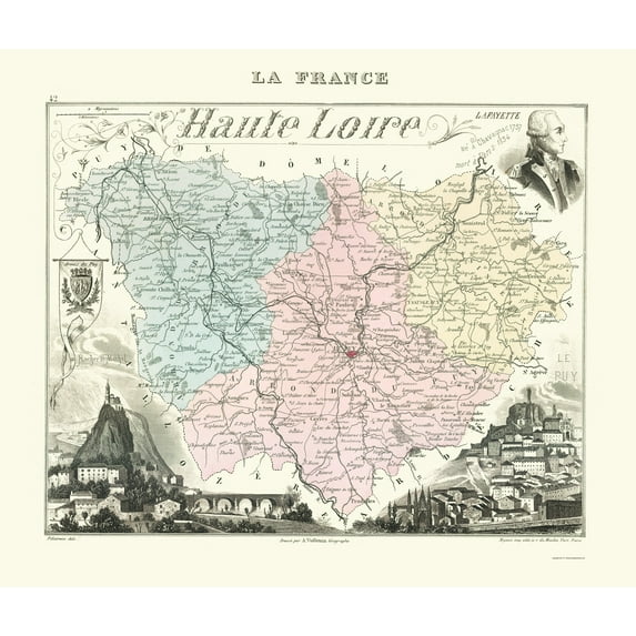 Historic Map - Haute Loire Department France - Migeon 1869 - Vintage Wall Art