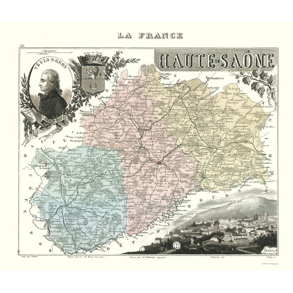 Historic Map - Haute Saone Department France - Migeon 1869 - Vintage Wall Art