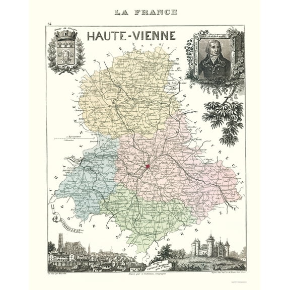 Historic Map - Haute Vienne France - Migeon 1869 - Vintage Wall Art