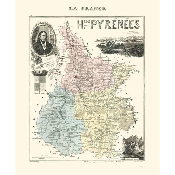 Historic Map - Hautes Pyrenees Department France - Migeon 1869 - Vintage Wall Art