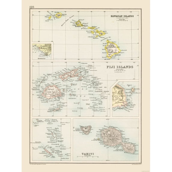 Historic Map - Hawaii Fiji Tahiti - Bartholomew 1892 - 23 x 30.74 - Vintage Wall Art