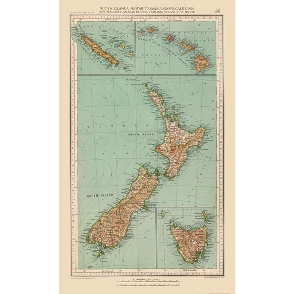 Historic Map - Hawaii New Zealand New Caledonia Tasmania - Santini 1794 - 23 x 38.30 - Vintage Wall Art