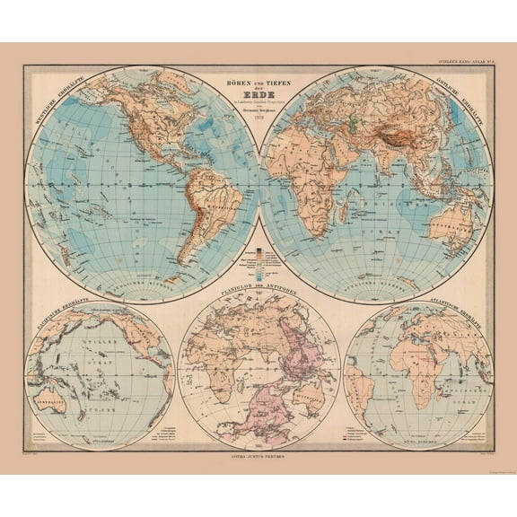Historic Map - Hemispheres of Earth - Stieler 1885 - 27.45 x 23 - Vintage Wall Art