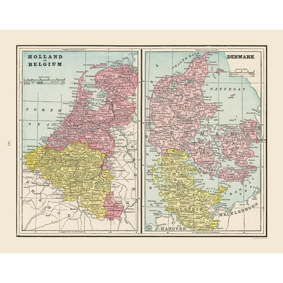 Historic Map - Holland Belgium Denmark - Cram 1892 - 29.16 x 23 - Vintage Wall Art