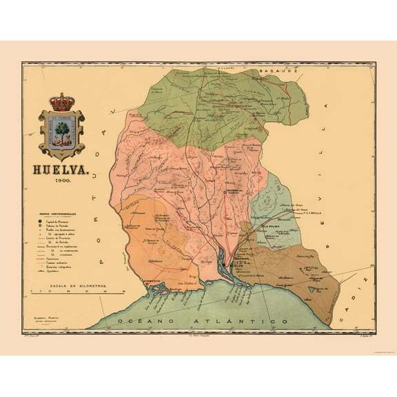Historic Map - Huelva Spain - Martine 1904 - 28.95 x 23 - Vintage Wall Art