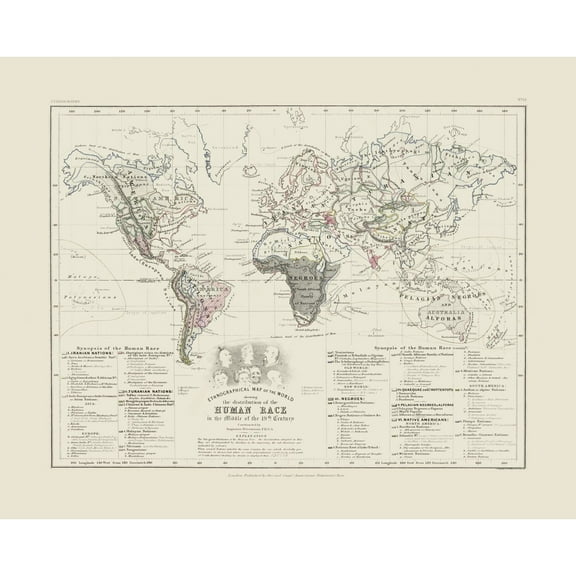 Historic Map - Human Races 19th Century - Petermann - 28.65 x 23 - Vintage Wall Art