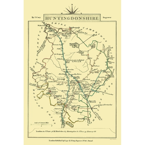 Historic Map - Huntingdonshire County England - Cary 1792 - Vintage Wall Art