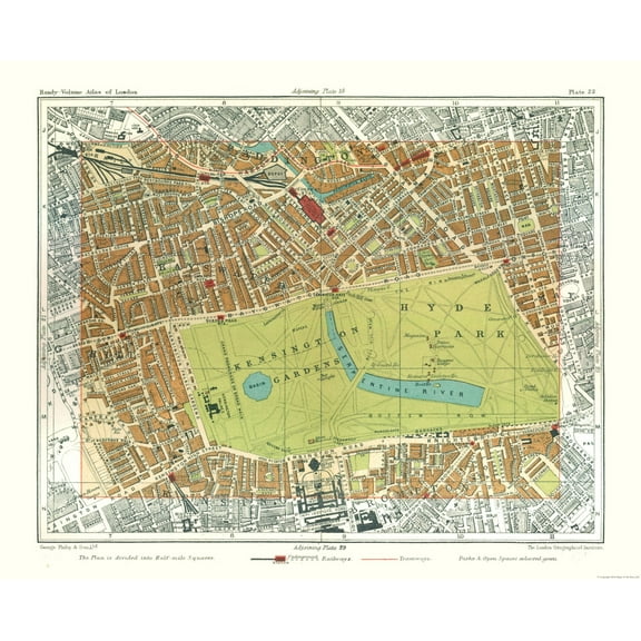Historic Map - Hyde Park London England - Philip 1904 - 28.32 x 23 - Vintage Wall Art