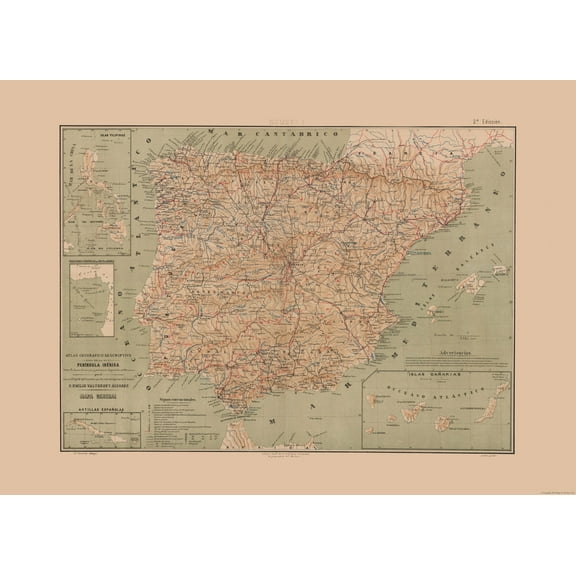 Historic Map - Iberian Peninsula Portugal Spain - Valverde 1880 - 31.89 x 23 - Vintage Wall Art