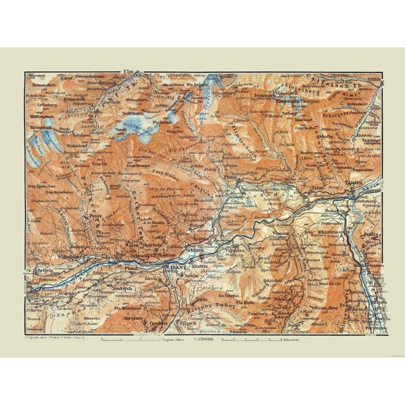 Historic Map - Ilanz Switzerland - Baedeker 1921 - 30.01 x 23 - Vintage Wall Art