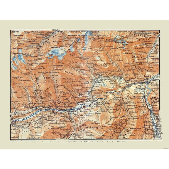 Historic Map - Ilanz Switzerland - Baedeker 1921 - Vintage Wall Art