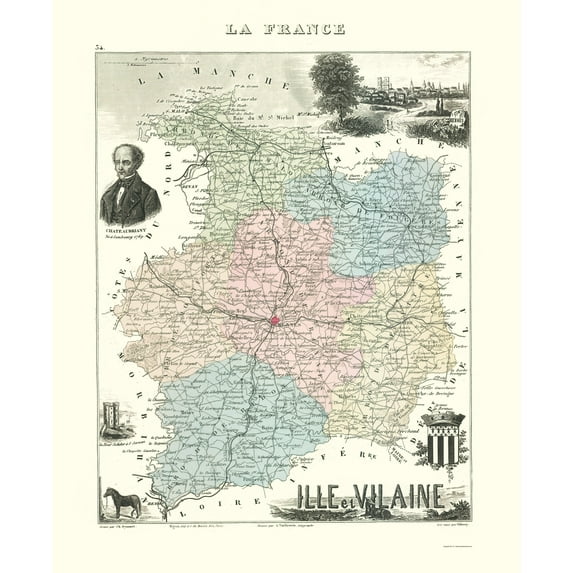 Historic Map - Ille et Vilaine Department France - Migeon 1869 - Vintage Wall Art