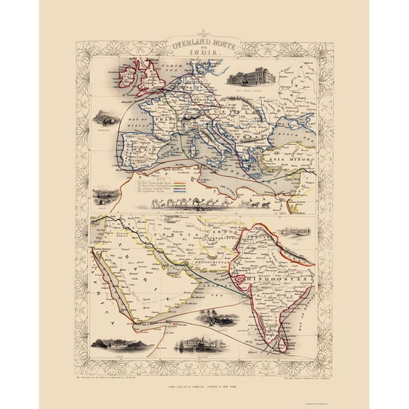 Historic Map - India Overland Route - Tallis 1851 - 23 x 28.45 - Vintage Wall Art