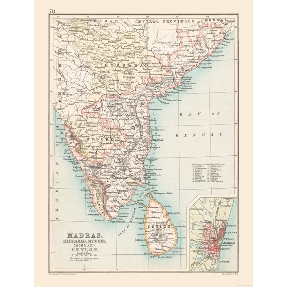 Historic Map - India Southern - Bartholomew 1892 - Vintage Wall Art