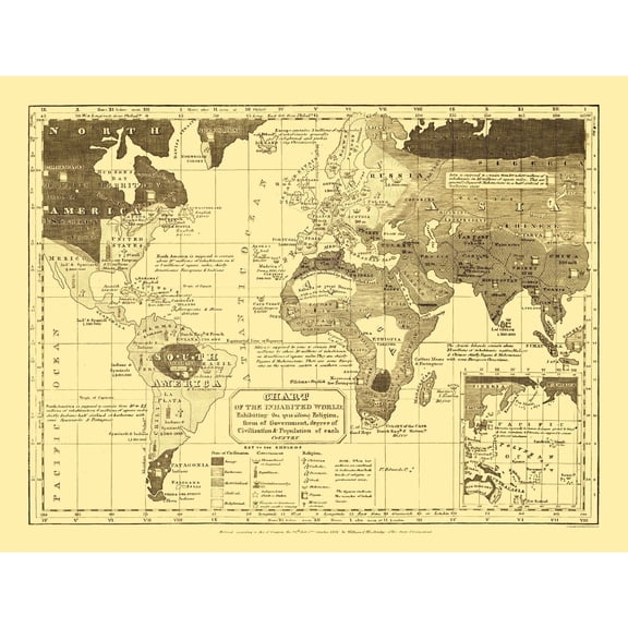 Historic Map - Inhabited World Religion - Woodbridge 1821 - Vintage Wall Art
