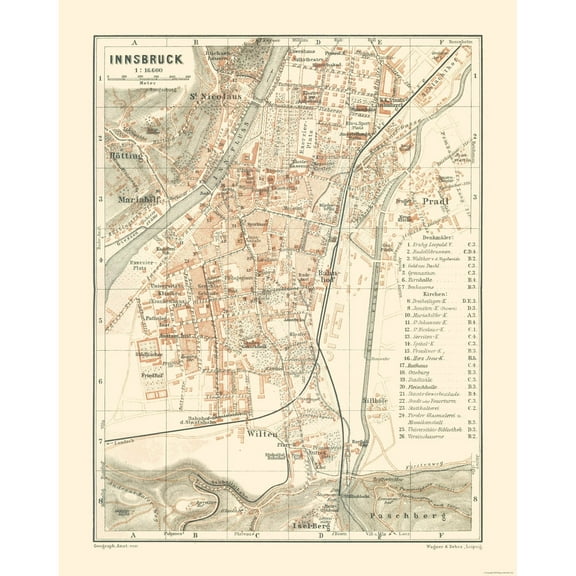 Historic Map - Innsbruck Austria - Baedeker 1910 - 23 x 28.91 - Vintage Wall Art