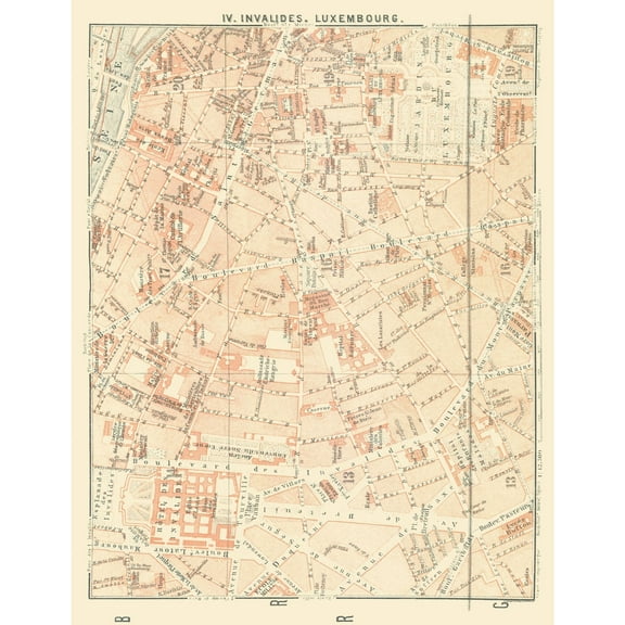 Historic Map - Invalides Luxembourg Paris France - Baedeker 1911 - 23 x 29.78 - Vintage Wall Art