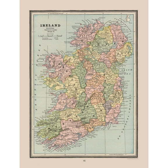 Historic Map - Ireland - Cram 1888 - 23 x 30.02 - Vintage Wall Art