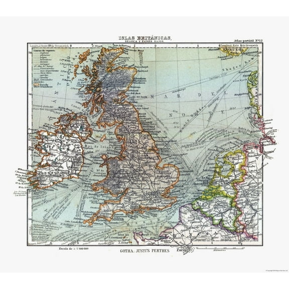 Historic Map - Ireland England France Belgium - Perthes 1921 - 25.93 x 23 - Vintage Wall Art