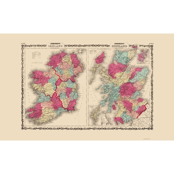 Historic Map - Ireland Scotland - Johnson 1860 - 23 x 37.38 - Vintage Wall Art