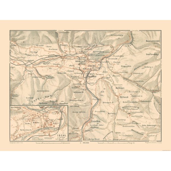 Historic Map - Ischl Austria - Baedeker 1910 - Vintage Wall Art