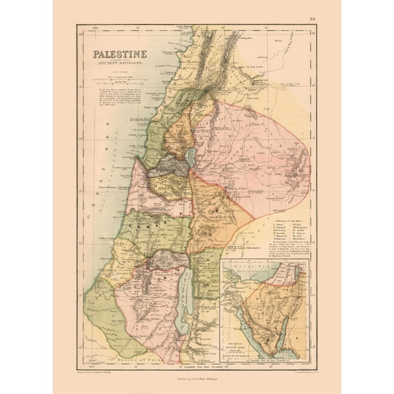 Historic Map - Israel Ancient Divisions - Black 1867 - 23 x 31.36 - Vintage Wall Art