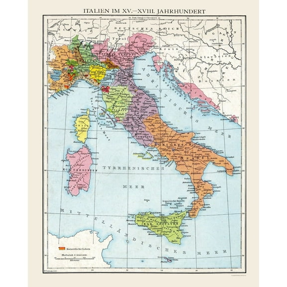 Historic Map - Italy 15 to 18 Century - Droysen 1886 - 23 x 28.56 - Vintage Wall Art
