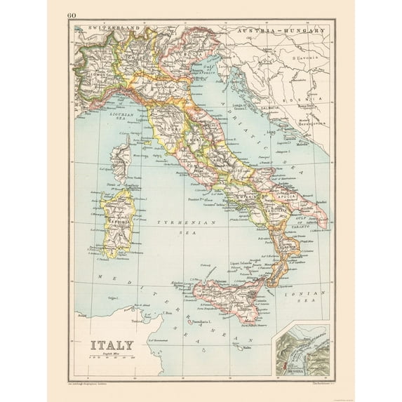 Historic Map - Italy - Bartholomew 1892 - Vintage Wall Art