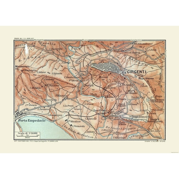 Historic Map - Italy Girgenti Vicinity - Baedeker 1880 - 32.36 x 23 - Vintage Wall Art